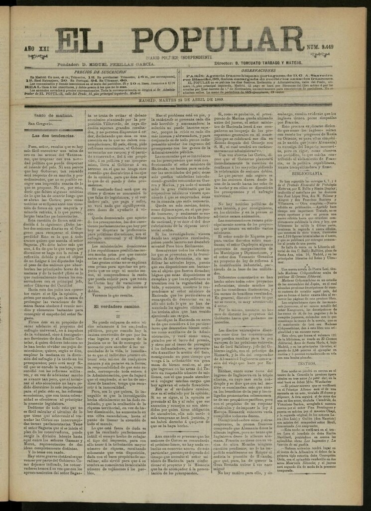 Miniatura de El Popular: diario independiente, político, literario y de noticias de interés general del 23 de abril de 1889, nº 9449