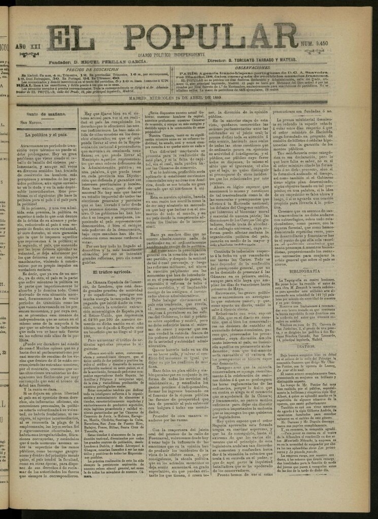 Miniatura de El Popular: diario independiente, político, literario y de noticias de interés general del 24 de abril de 1889, nº 9450