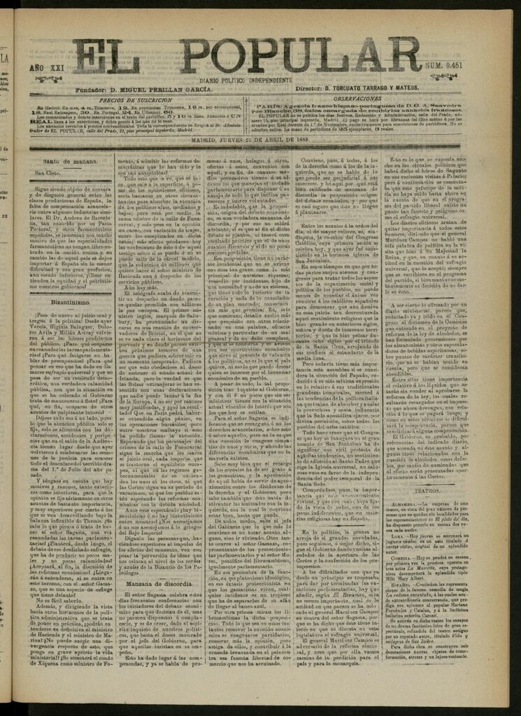 Miniatura de El Popular: diario independiente, político, literario y de noticias de interés general del 25 de abril de 1889, nº 9451