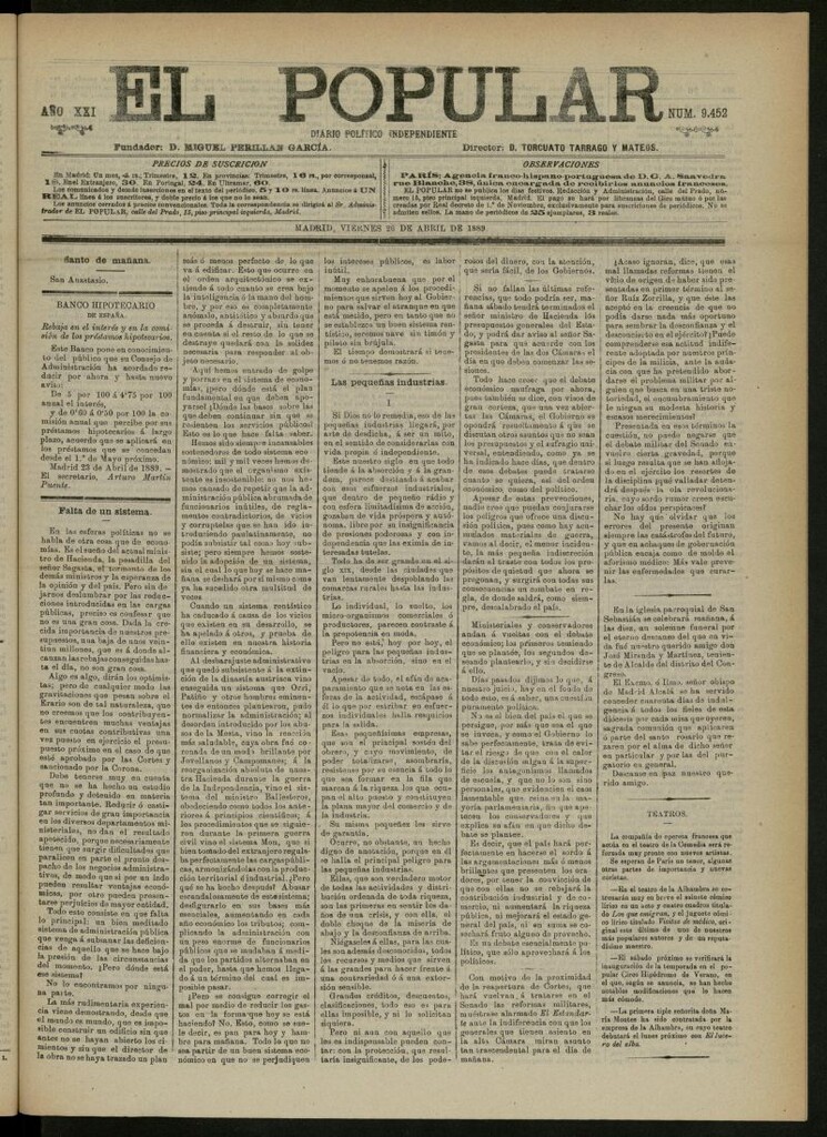 Miniatura de El Popular: diario independiente, político, literario y de noticias de interés general del 26 de abril de 1889, nº 9452