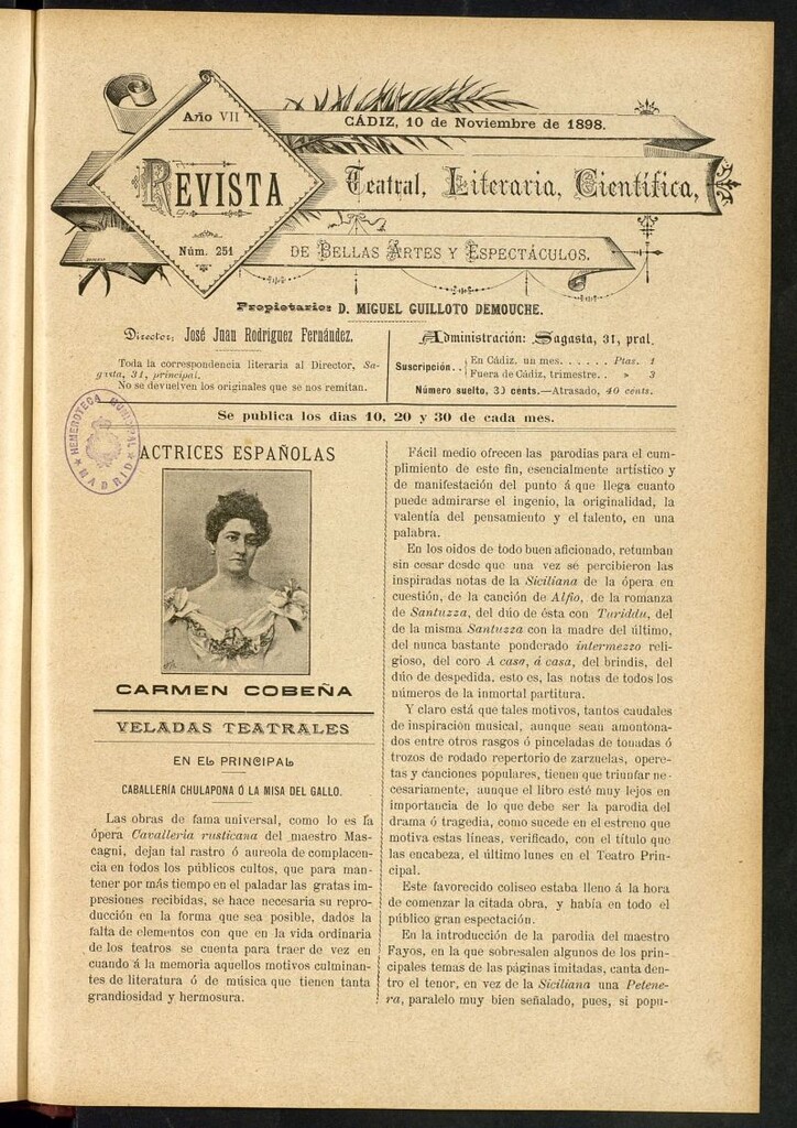 Miniatura de Revista Teatral, Literaria, Científica, de Bellas Artes y Espectáculos. Nº 251