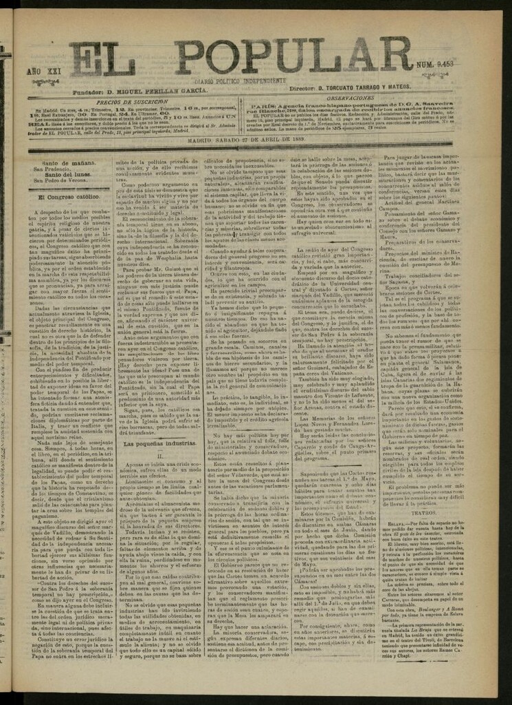 Miniatura de El Popular: diario independiente, político, literario y de noticias de interés general del 27 de abril de 1889, nº 9453