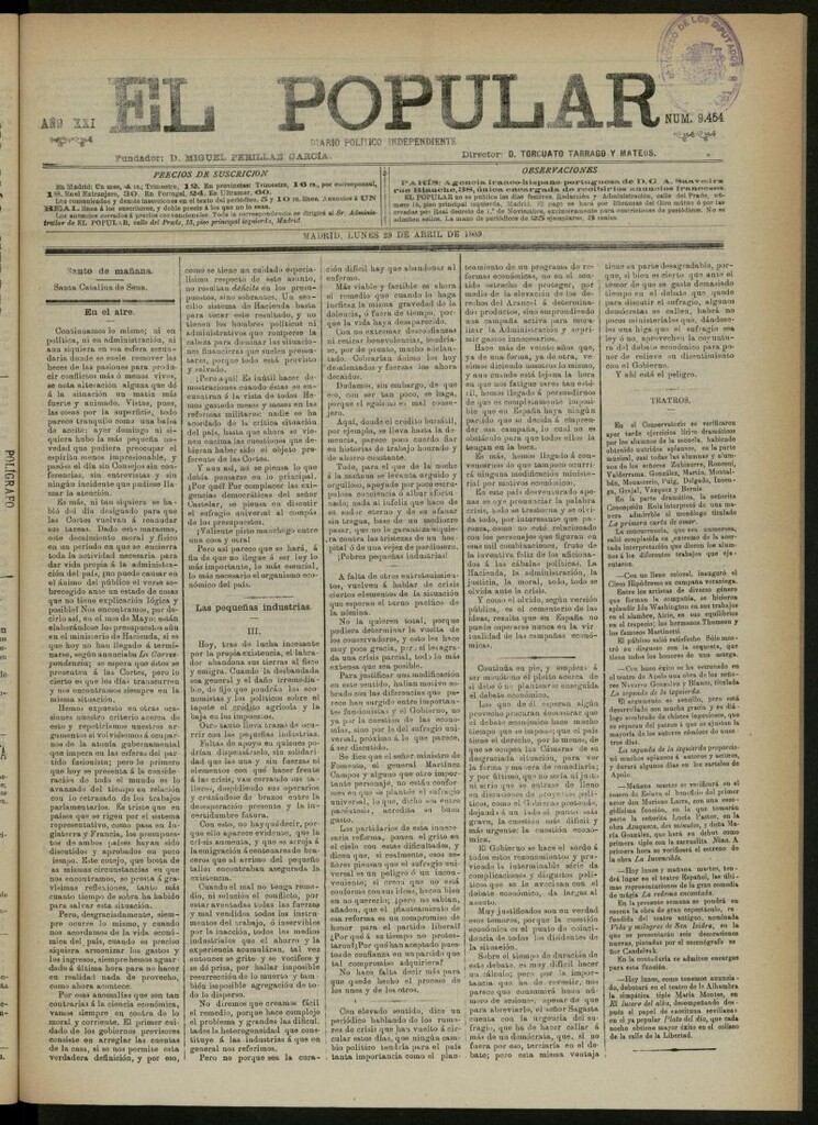 Miniatura de El Popular: diario independiente, político, literario y de noticias de interés general del 29 de abril de 1889, nº 9454