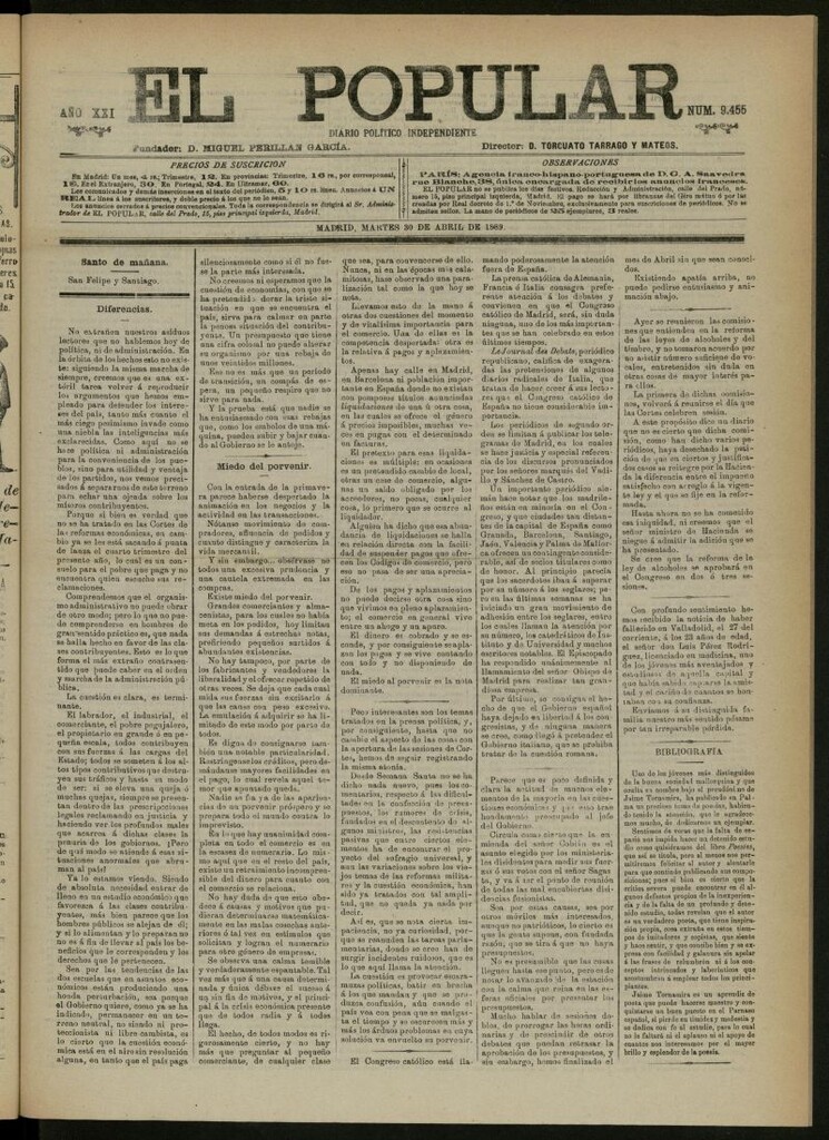 Miniatura de El Popular: diario independiente, político, literario y de noticias de interés general del 30 de abril de 1889, nº 9455