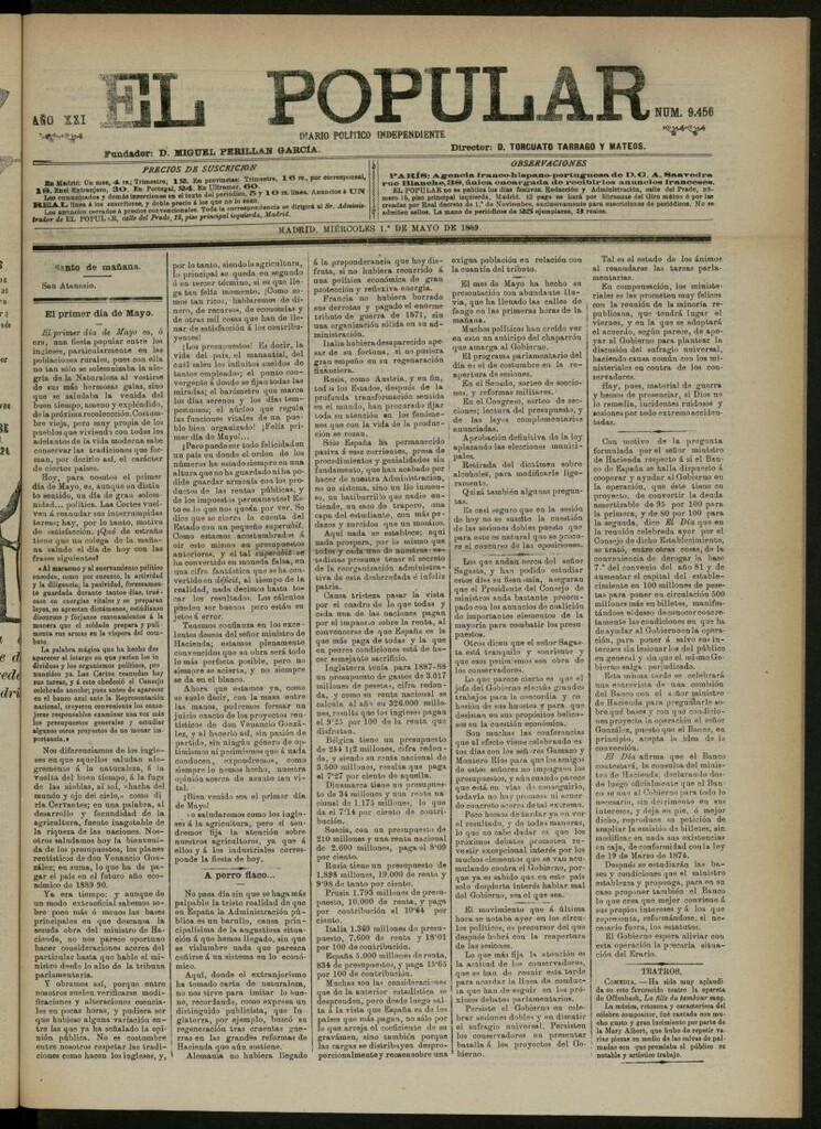 Miniatura de El Popular: diario independiente, político, literario y de noticias de interés general del 1 de mayo de 1889, nº 9456