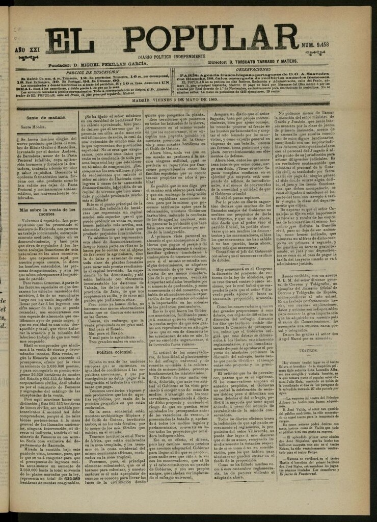 Miniatura de El Popular: diario independiente, político, literario y de noticias de interés general del 3 de mayo de 1889, nº 9458