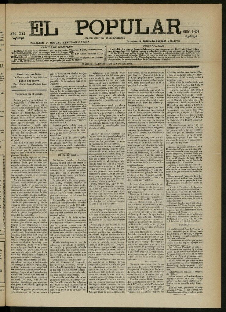 Miniatura de El Popular: diario independiente, político, literario y de noticias de interés general del 4 de mayo de 1889, nº 9459