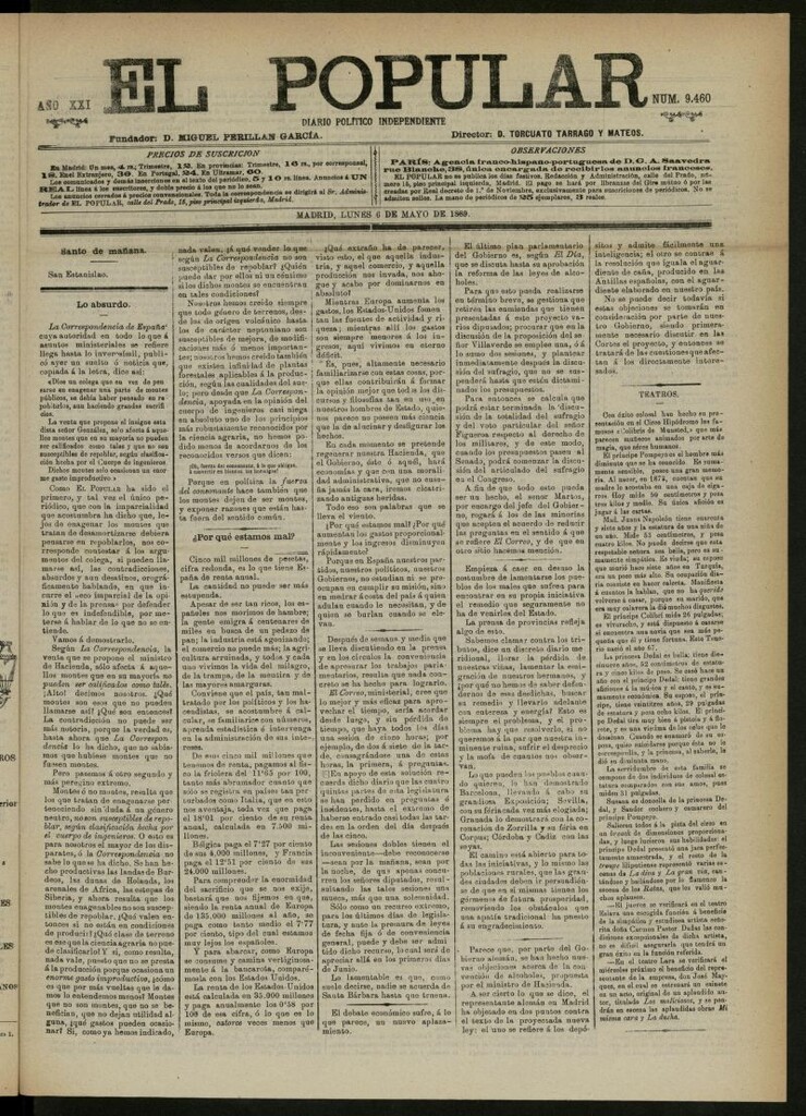 Miniatura de El Popular: diario independiente, político, literario y de noticias de interés general del 6 de mayo de 1889, nº 9460