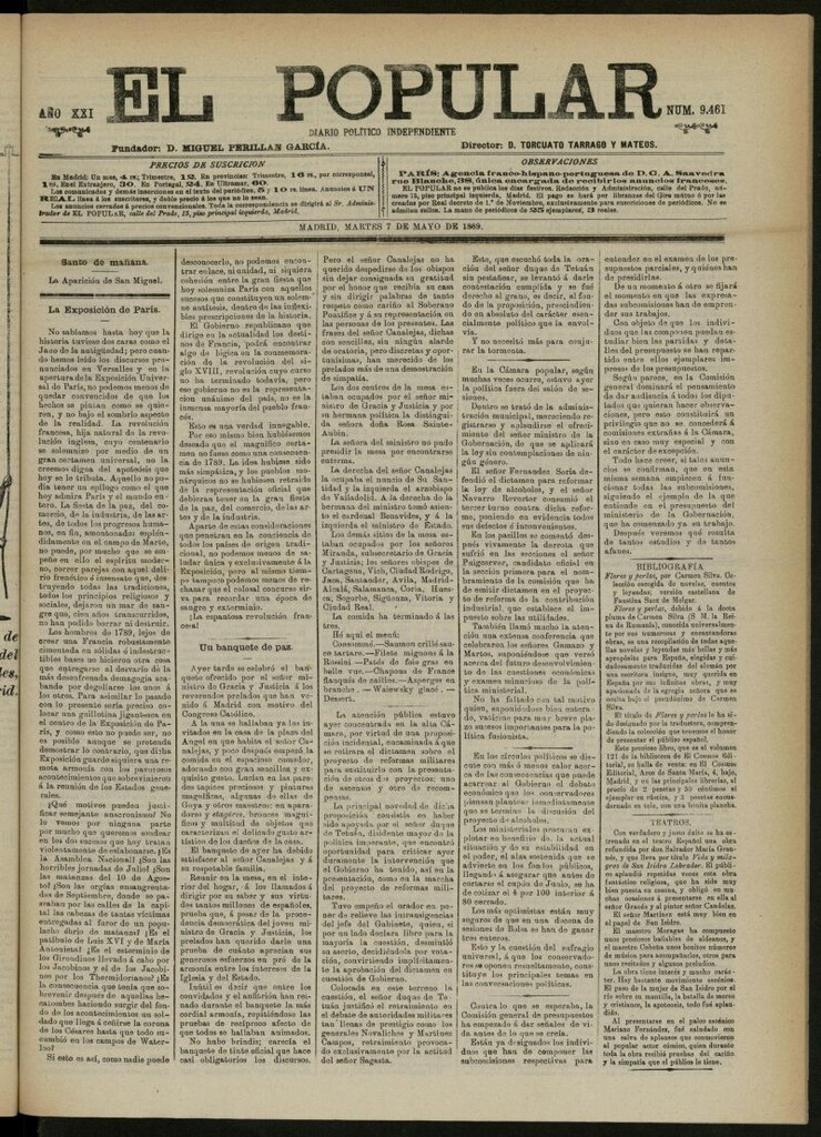 Miniatura de El Popular: diario independiente, político, literario y de noticias de interés general del 7 de mayo de 1889, nº 9461