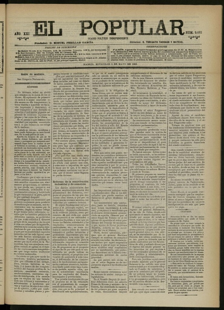 Miniatura de El Popular: diario independiente, político, literario y de noticias de interés general del 8 de mayo de 1889, nº 9462