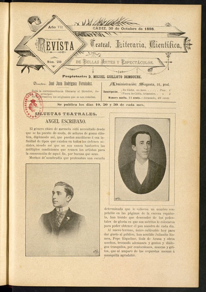 Miniatura de Revista Teatral, Literaria, Científica, de Bellas Artes y Espectáculos. Nº 250