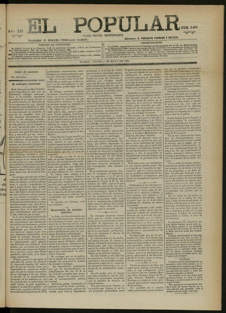 Miniatura de El Popular: diario independiente, político, literario y de noticias de interés general del 9 de mayo de 1889, nº 9463