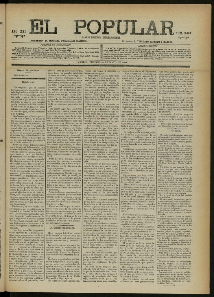 Miniatura de El Popular: diario independiente, político, literario y de noticias de interés general del 10 de mayo de 1889, nº 9464