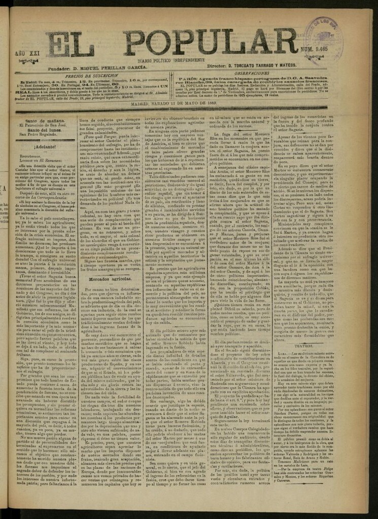 Miniatura de El Popular: diario independiente, político, literario y de noticias de interés general del 11 de mayo de 1889, nº 9465