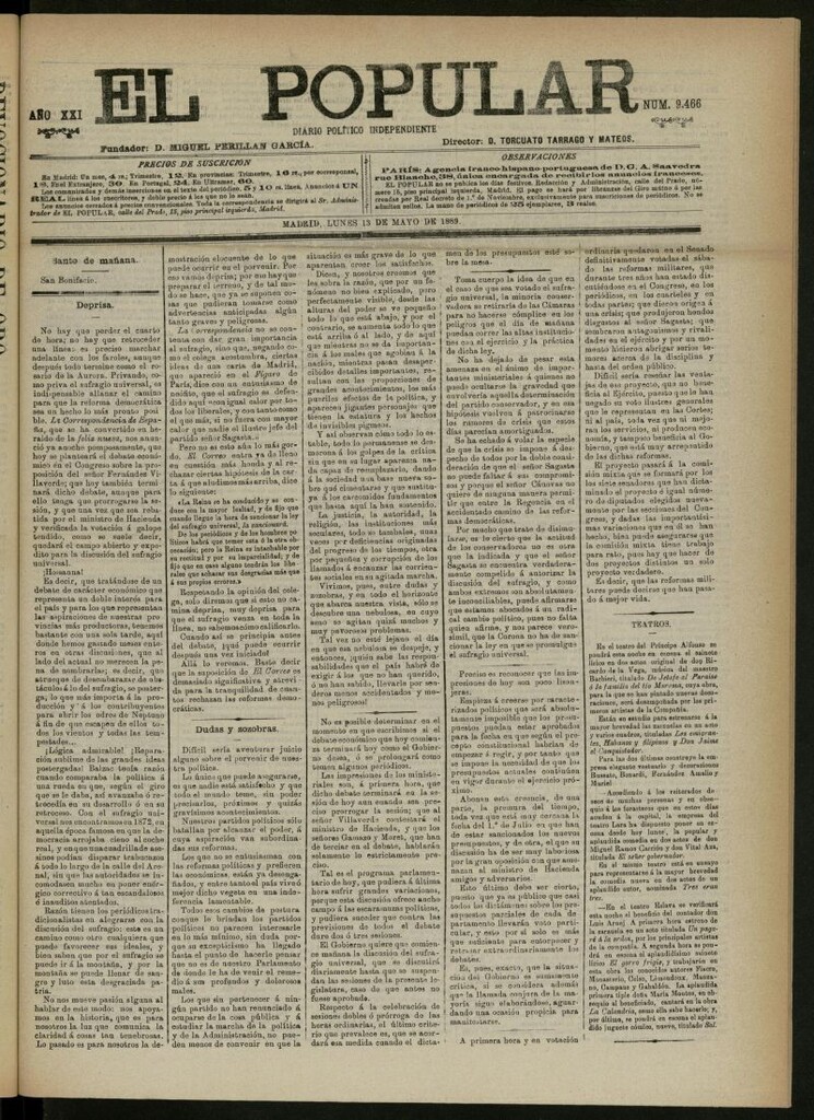 Miniatura de El Popular: diario independiente, político, literario y de noticias de interés general del 13 de mayo de 1889, nº 9466