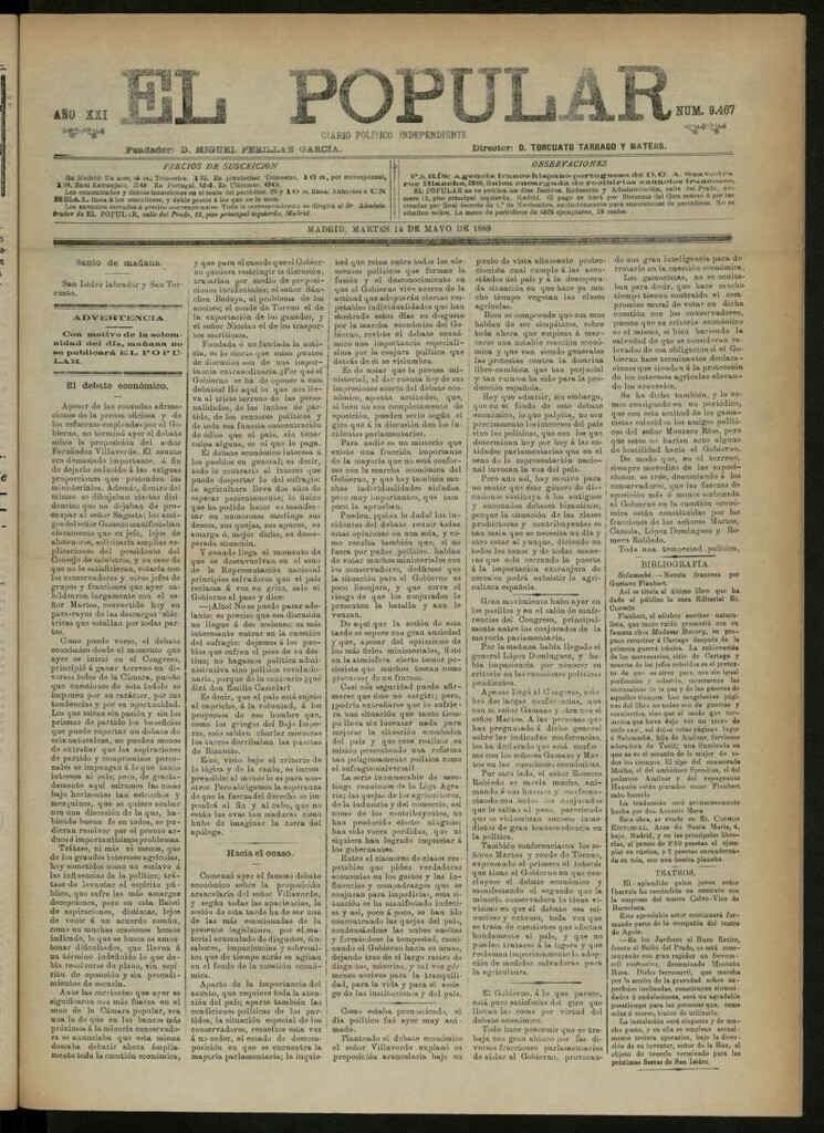 Miniatura de El Popular: diario independiente, político, literario y de noticias de interés general del 14 de mayo de 1889, nº 9467