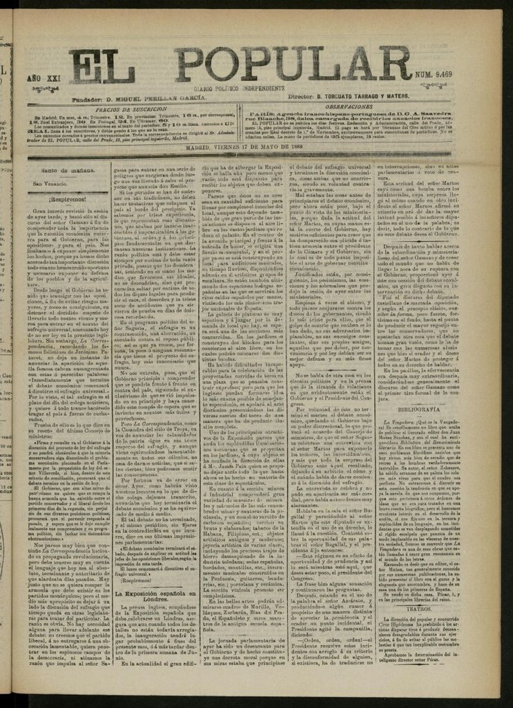 Miniatura de El Popular: diario independiente, político, literario y de noticias de interés general del 17 de mayo de 1889, nº 9469
