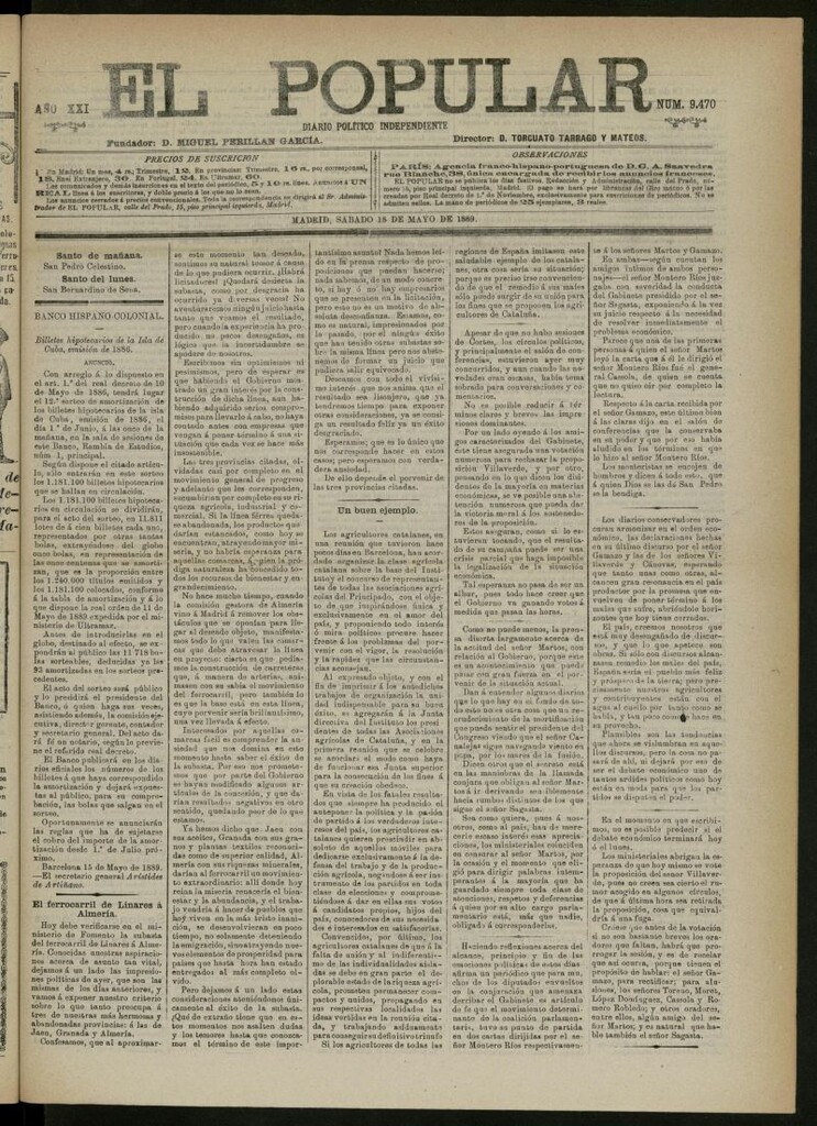 Miniatura de El Popular: diario independiente, político, literario y de noticias de interés general del 18 de mayo de 1889, nº 9470