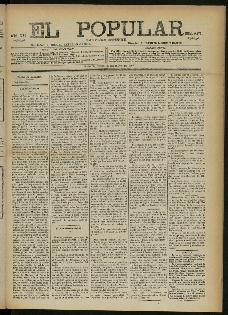 Miniatura de El Popular: diario independiente, político, literario y de noticias de interés general del 20 de mayo de 1889, nº 9471