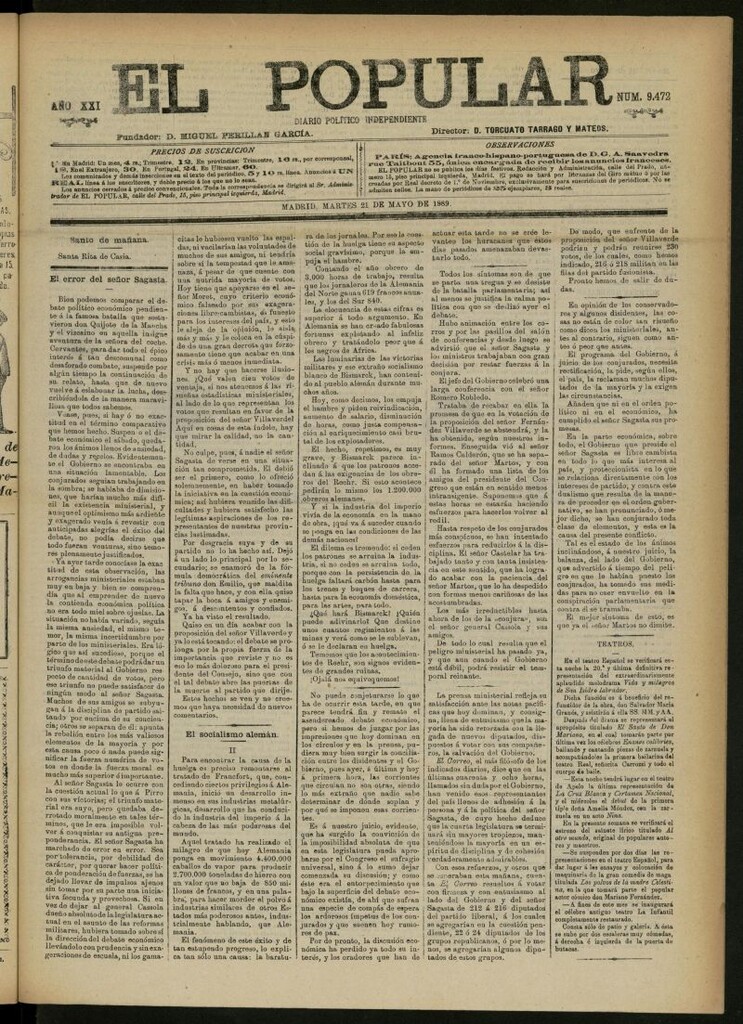 Miniatura de El Popular: diario independiente, político, literario y de noticias de interés general del 21 de mayo de 1889, nº 9472