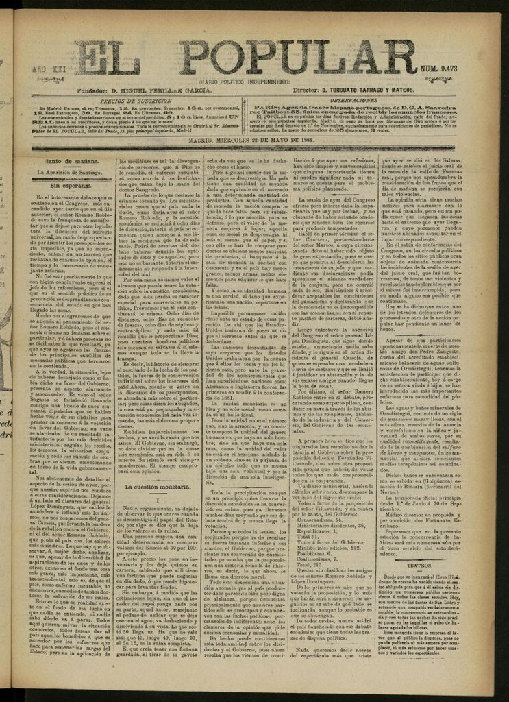 Miniatura de El Popular: diario independiente, político, literario y de noticias de interés general del 22 de mayo de 1889, nº 9473
