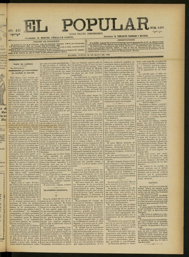 Miniatura de El Popular: diario independiente, político, literario y de noticias de interés general del 23 de mayo de 1889, nº 9474