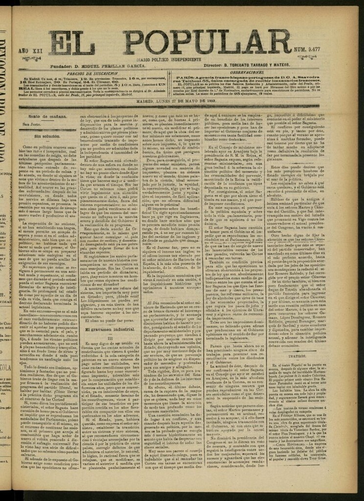 Miniatura de El Popular: diario independiente, político, literario y de noticias de interés general del 27 de mayo de 1889, nº 9477