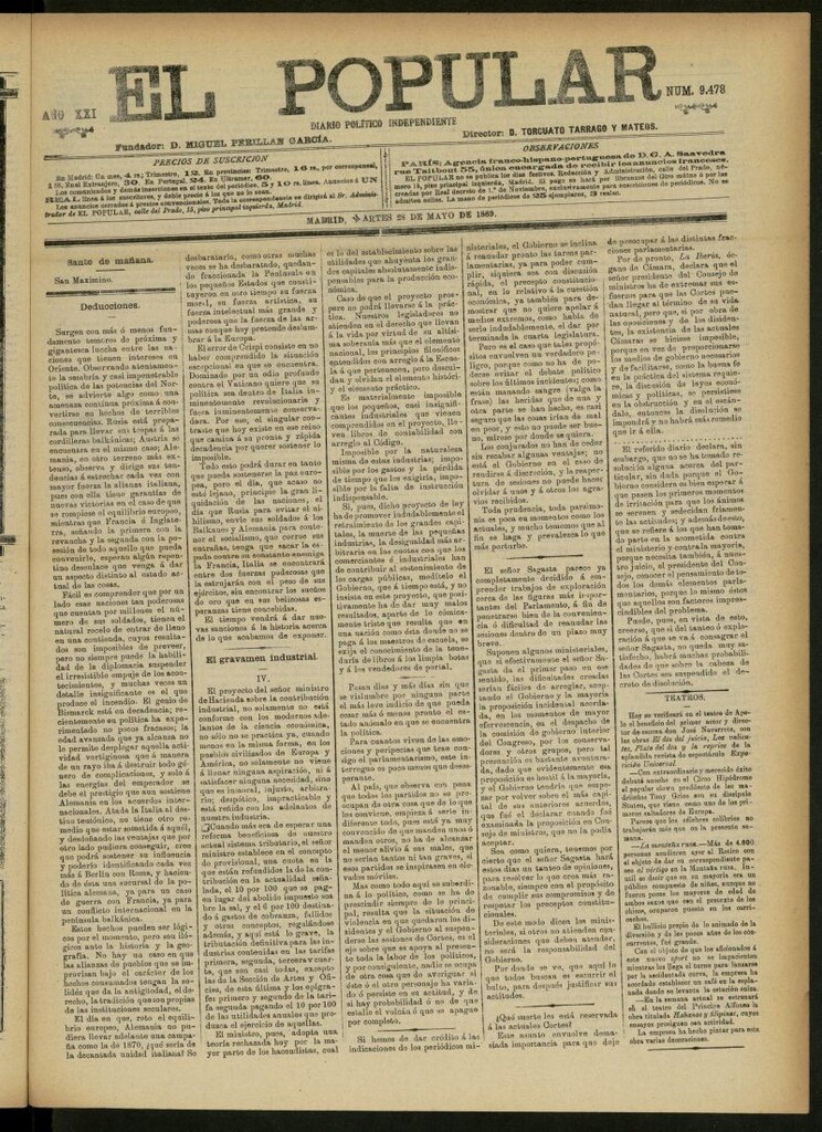 Miniatura de El Popular: diario independiente, político, literario y de noticias de interés general del 28 de mayo de 1889, nº 9478