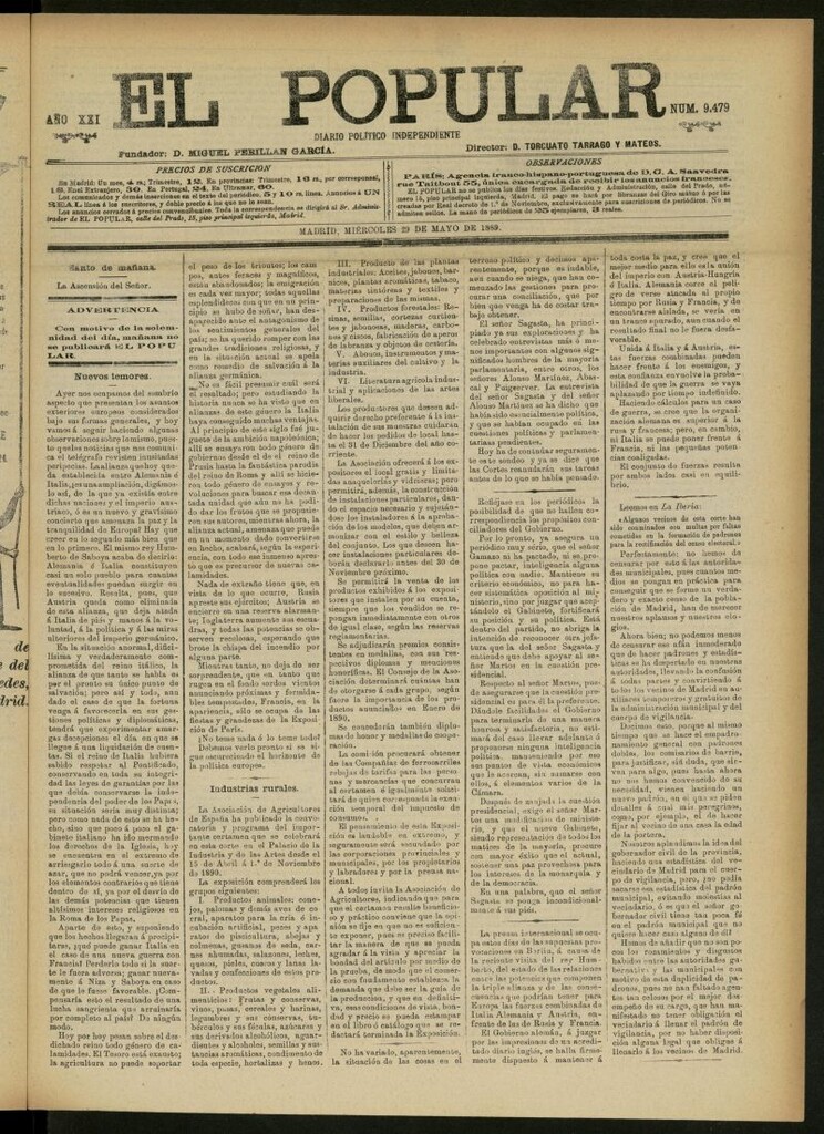 Miniatura de El Popular: diario independiente, político, literario y de noticias de interés general del 29 de mayo de 1889, nº 9479