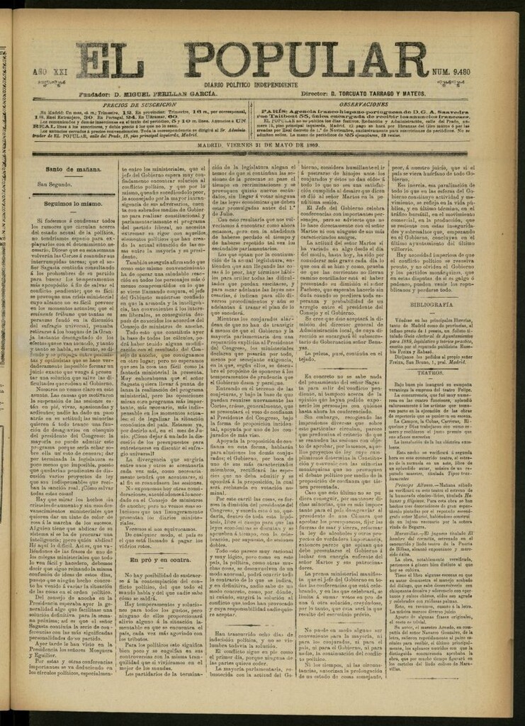 Miniatura de El Popular: diario independiente, político, literario y de noticias de interés general del 31 de mayo de 1889, nº 9480