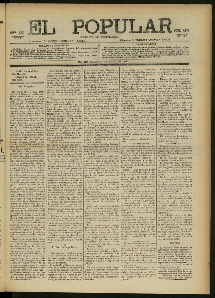 Miniatura de El Popular: diario independiente, político, literario y de noticias de interés general del 1 de junio de 1889, nº 9481