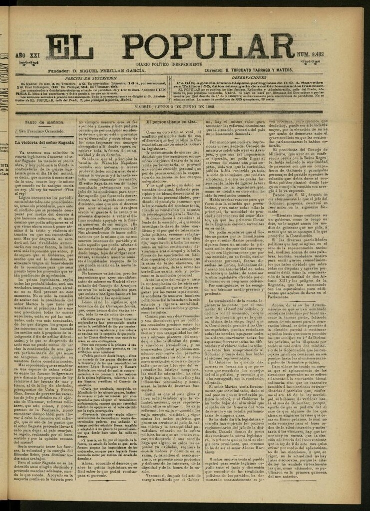 Miniatura de El Popular: diario independiente, político, literario y de noticias de interés general del 3 de junio de 1889, nº 9482