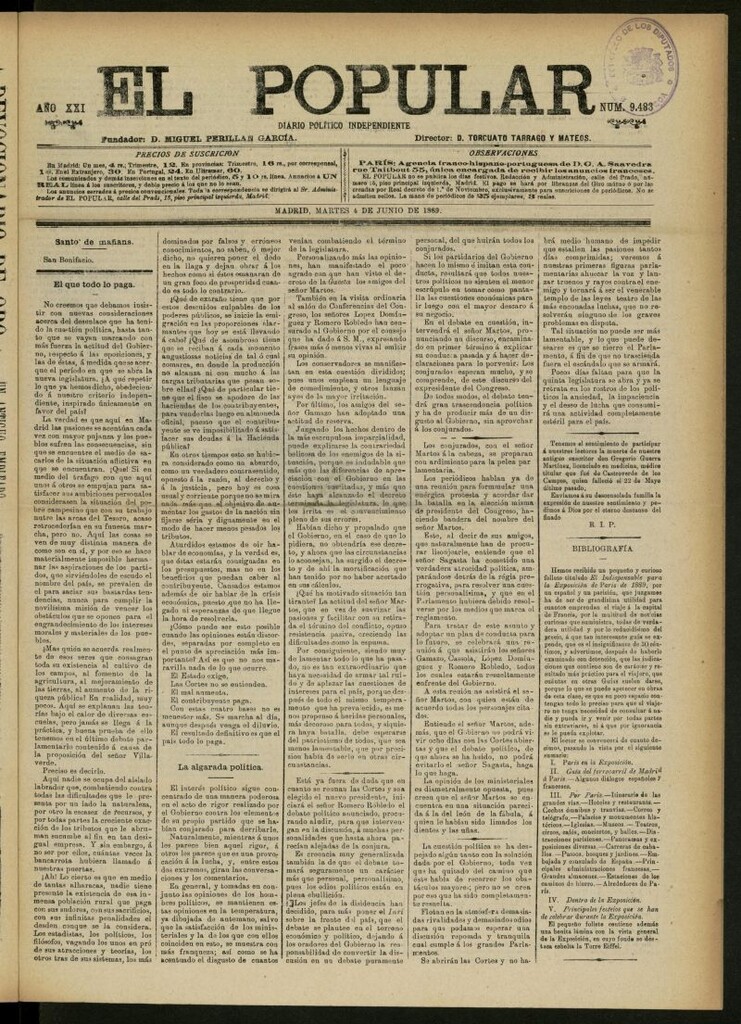 Miniatura de El Popular: diario independiente, político, literario y de noticias de interés general del 4 de junio de 1889, nº 9483