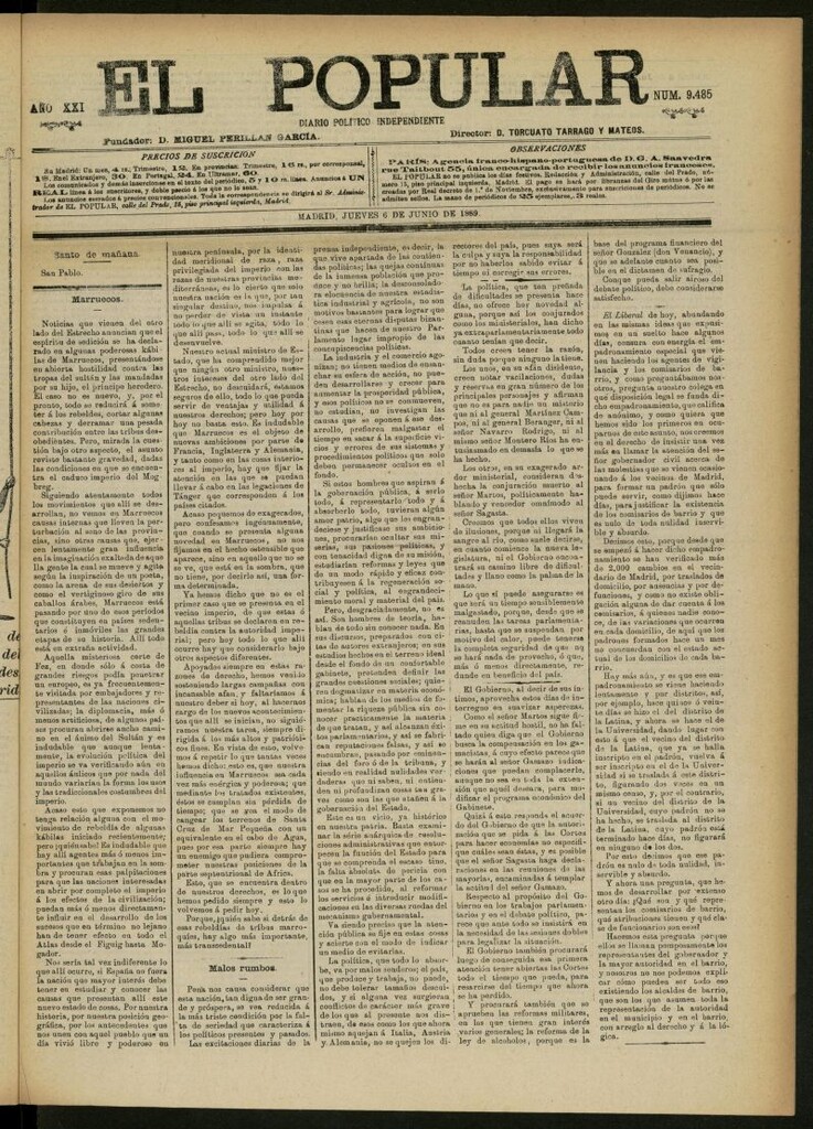 Miniatura de El Popular: diario independiente, político, literario y de noticias de interés general del 6 de junio de 1889, nº 9485