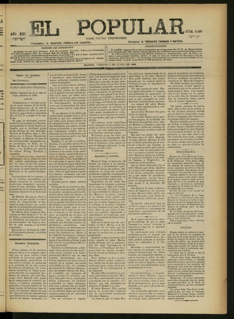 Miniatura de El Popular: diario independiente, político, literario y de noticias de interés general del 7 de junio de 1889, nº 9486