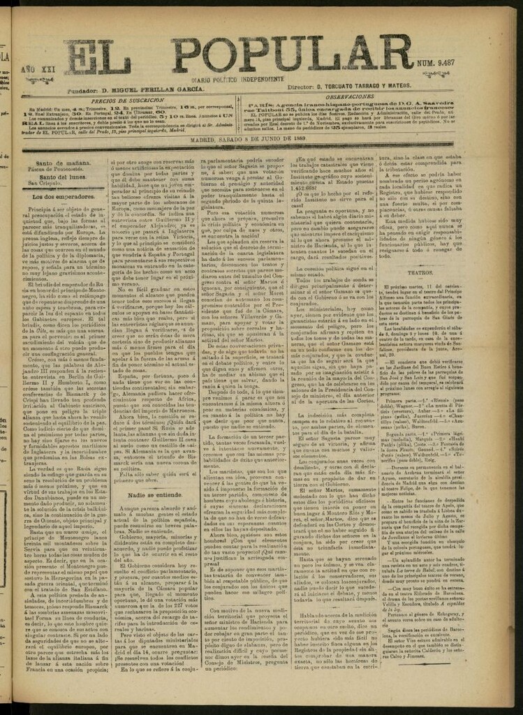 Miniatura de El Popular: diario independiente, político, literario y de noticias de interés general del 8 de junio de 1889, nº 9487