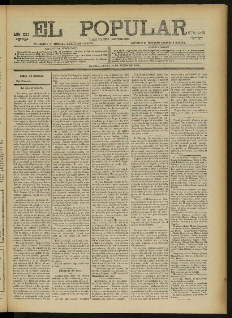 Miniatura de El Popular: diario independiente, político, literario y de noticias de interés general del 10 de junio de 1889, nº 9488
