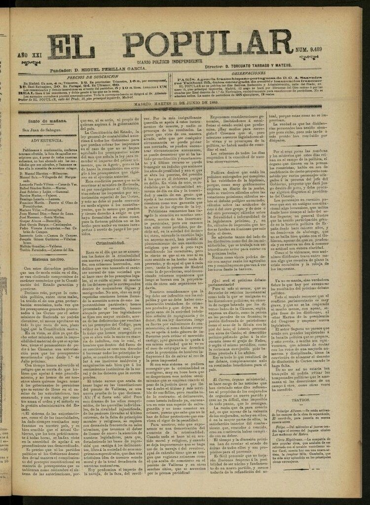 Miniatura de El Popular: diario independiente, político, literario y de noticias de interés general del 11 de junio de 1889, nº 9489