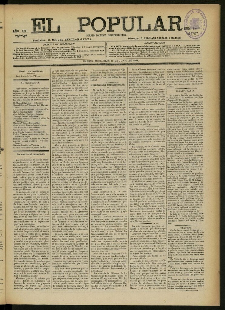 Miniatura de El Popular: diario independiente, político, literario y de noticias de interés general del 12 de junio de 1889, nº 9490