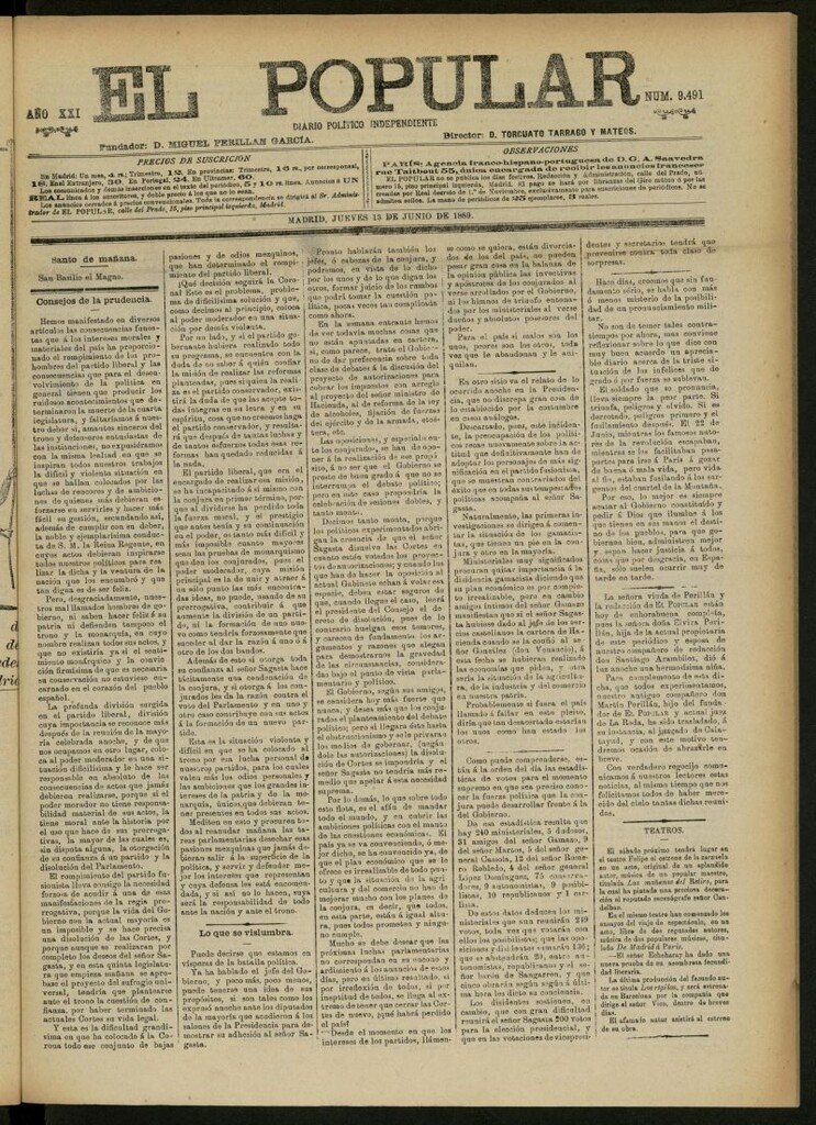 Miniatura de El Popular: diario independiente, político, literario y de noticias de interés general del 13 de junio de 1889, nº 9491