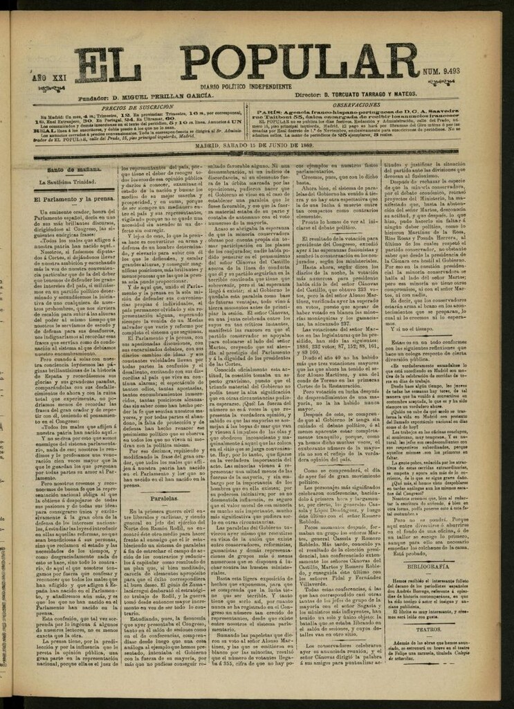 Miniatura de El Popular: diario independiente, político, literario y de noticias de interés general del 15 de junio de 1889, nº 9493