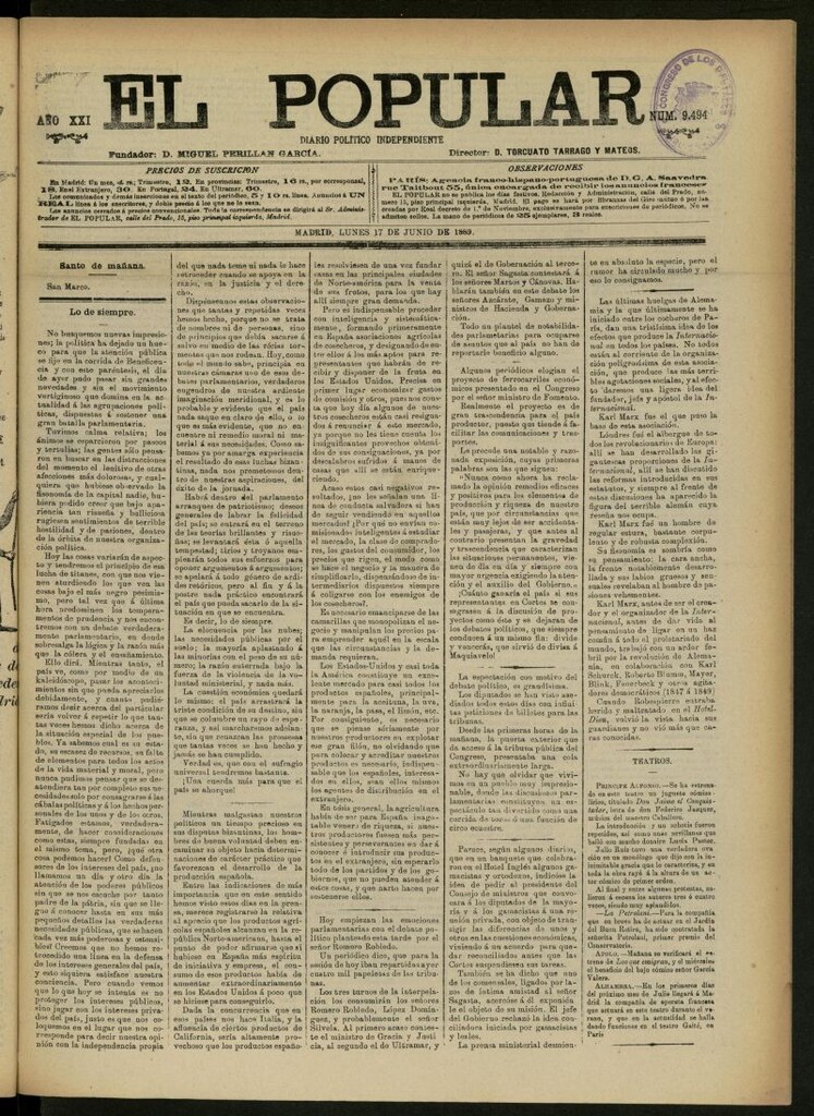 Miniatura de El Popular: diario independiente, político, literario y de noticias de interés general del 17 de junio de 1889, nº 9494