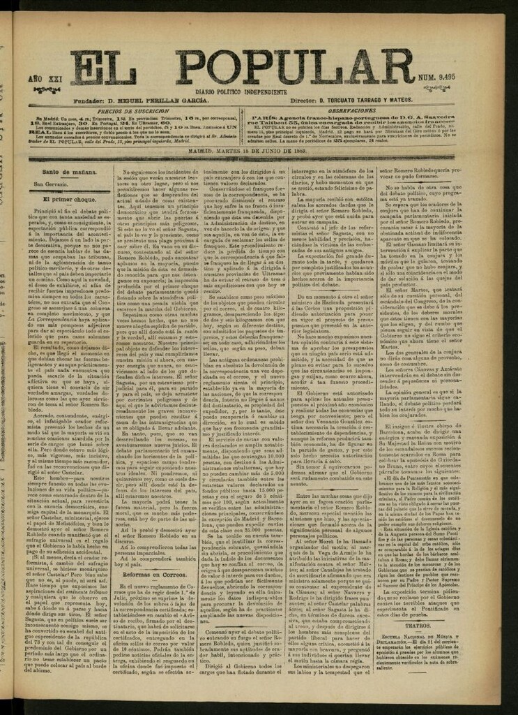 Miniatura de El Popular: diario independiente, político, literario y de noticias de interés general del 18 de junio de 1889, nº 9495
