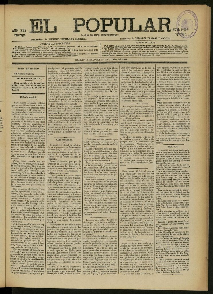 Miniatura de El Popular: diario independiente, político, literario y de noticias de interés general del 19 de junio de 1889, nº 9496