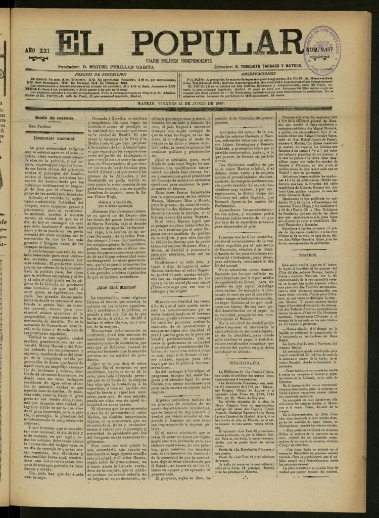 Miniatura de El Popular: diario independiente, político, literario y de noticias de interés general del 21 de junio de 1889, nº 9497