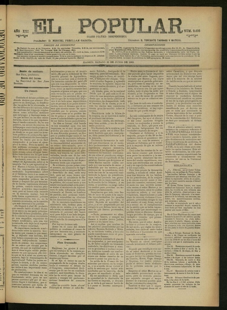 Miniatura de El Popular: diario independiente, político, literario y de noticias de interés general del 22 de junio de 1889, nº 9498