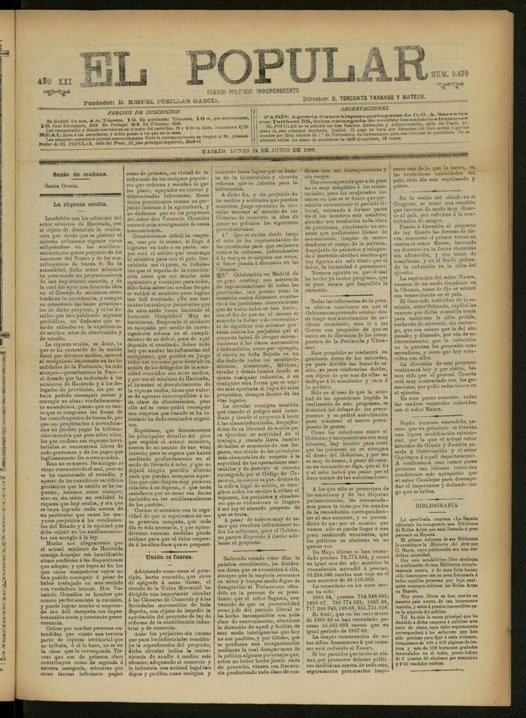Miniatura de El Popular: diario independiente, político, literario y de noticias de interés general del 24 de junio de 1889, nº 9499