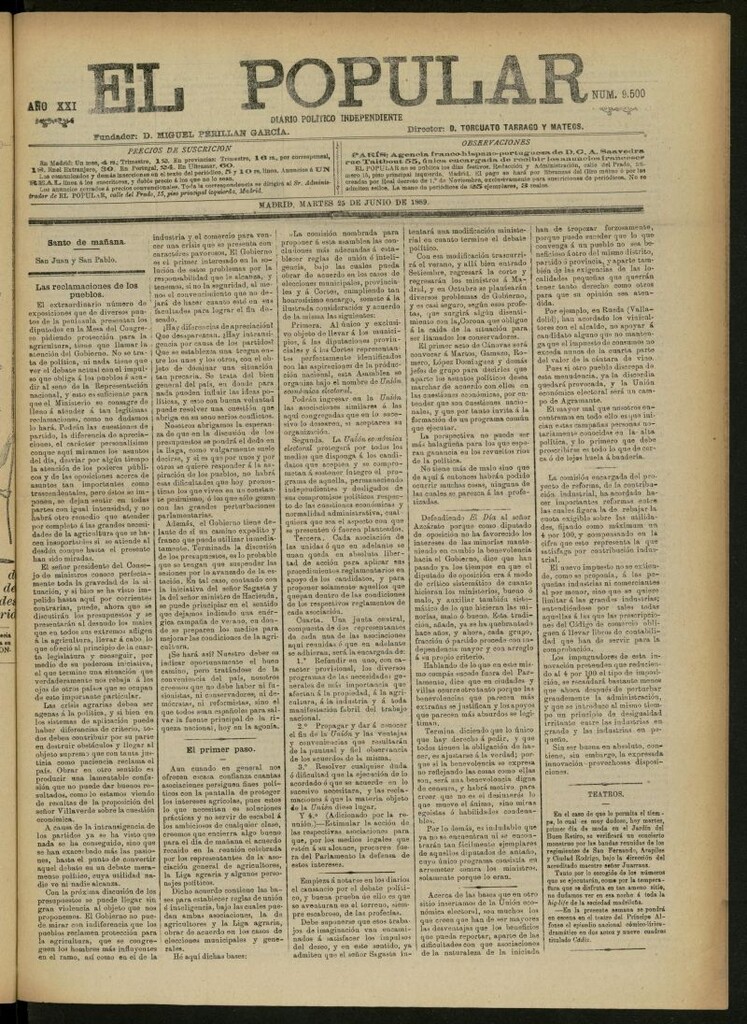 Miniatura de El Popular: diario independiente, político, literario y de noticias de interés general del 25 de junio de 1889, nº 9500