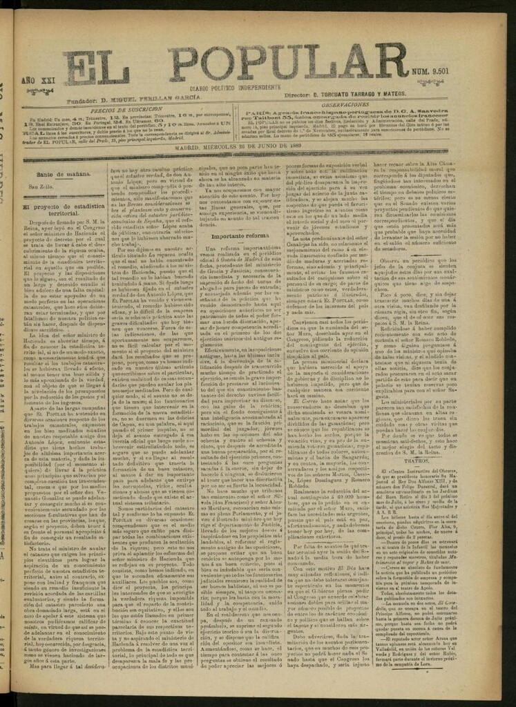 Miniatura de El Popular: diario independiente, político, literario y de noticias de interés general del 26 de junio de 1889, nº 9501