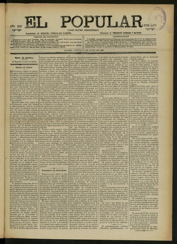 Miniatura de El Popular: diario independiente, político, literario y de noticias de interés general del 27 de junio de 1889, nº 9502